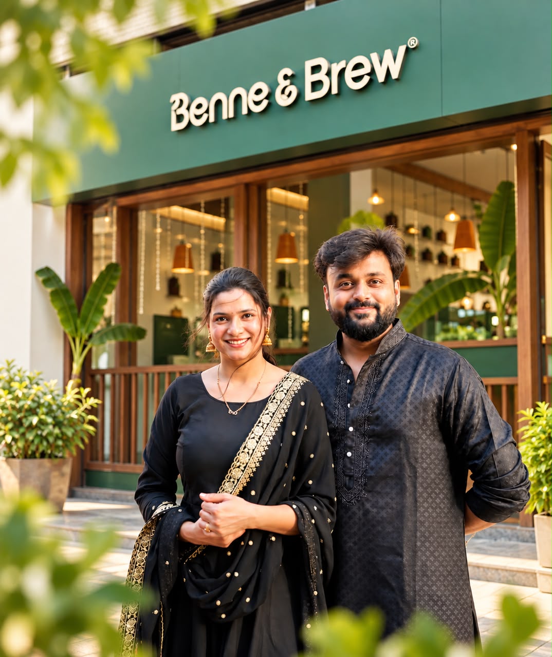 Akshay and Suhasini outside Benne & Brew